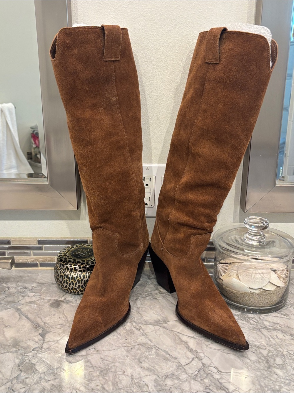 SCHUTZ Suede Knee High Boots Cognac/Tobacco Brown Pointed Toe Block Heel Sz 7B